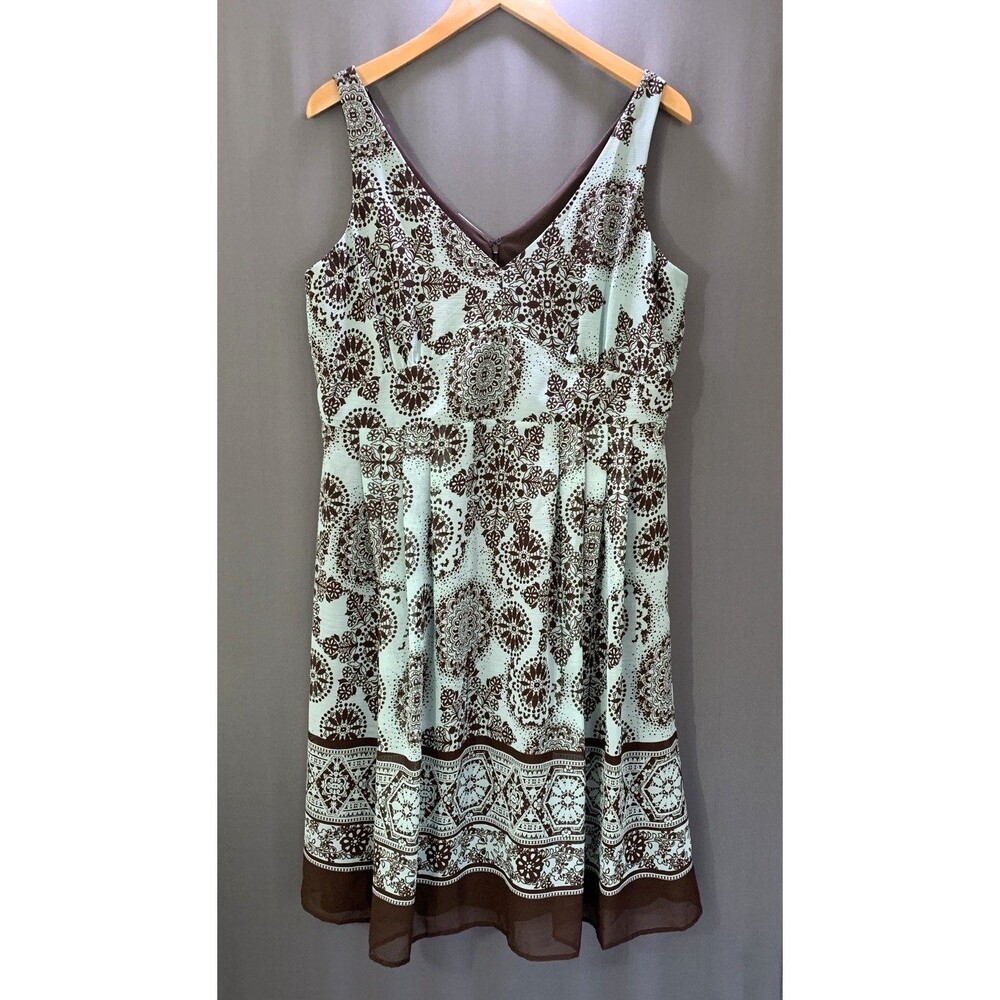 Vtg 90s Y2K R&M Richards Pleated Flare Dress Sz 16 Aqua Brown Mandala Whimsigoth